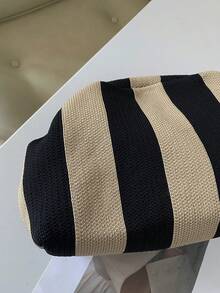 Bolso de mano de punto para mujer, diseño de rayas de bloques de color, gran capacidad, estilo clásico vintage con cierre de broche, adecuado para vacaciones y viajes - Multicolor - Ver 4