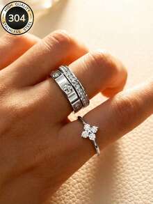 2026 New 304 Stainless Steel Silver Stackable Ring Set, 3pcs Clover And Full Rhinestone Rings, Hypoallergenic Minimalist Jewelry, Perfect Mother's Day Gift, Summer Vacation Accessory - Ring - View 21