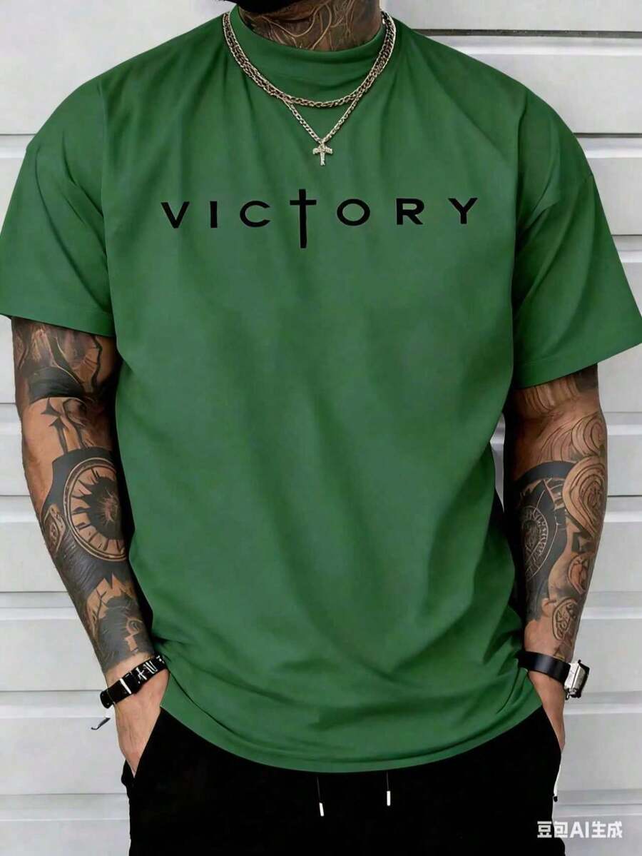 Men's Fashionable Short Sleeve T-Shirt PAYEAH Men's Letter Print T-Shirt, Crew Neck, Short Sleeve, Summer T-Shirts, 100% Comfortable Cotton - 綠色 - 查看 1