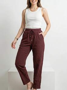 WOMEN CASUAL LOOSE FİT PANTS ELASTİC WAİST - Burgundy - View 1