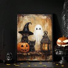 1pc Canvas Wall Art With Frame, Vintage Halloween Theme, Black Cat, Witch Hat, Cute Ghost, Pumpkin Lantern, Glowing Lantern Pattern, Country Style Oil Painting, Pastoral Dark Academia Aesthetic, Suitable For Modern Home Decor, Room Decoration - Black Cat Ghost - View 10