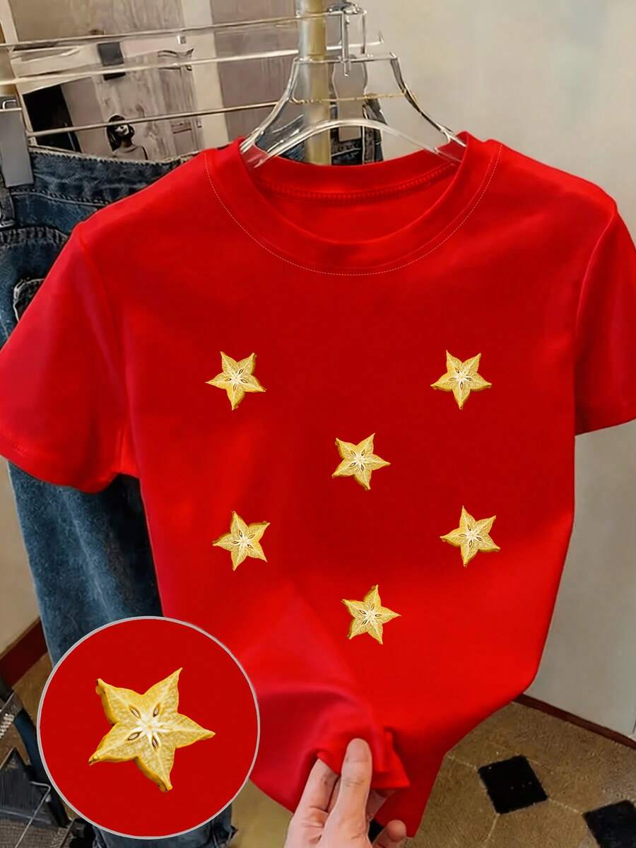 Y2K Women's Casual Summer T-Shirt - Exquisite Star Print T-Shirt - Y2k Style, Delicate, Ideal For A Gift, Casual Round Neck Top - Tra - 紅色 - 查看 1