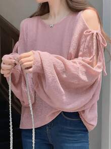 European Style Batwing Sleeve Sweater For Spring/Summer, Loose Top With V-Neck And Lantern Sleeves. - Pink - View 4