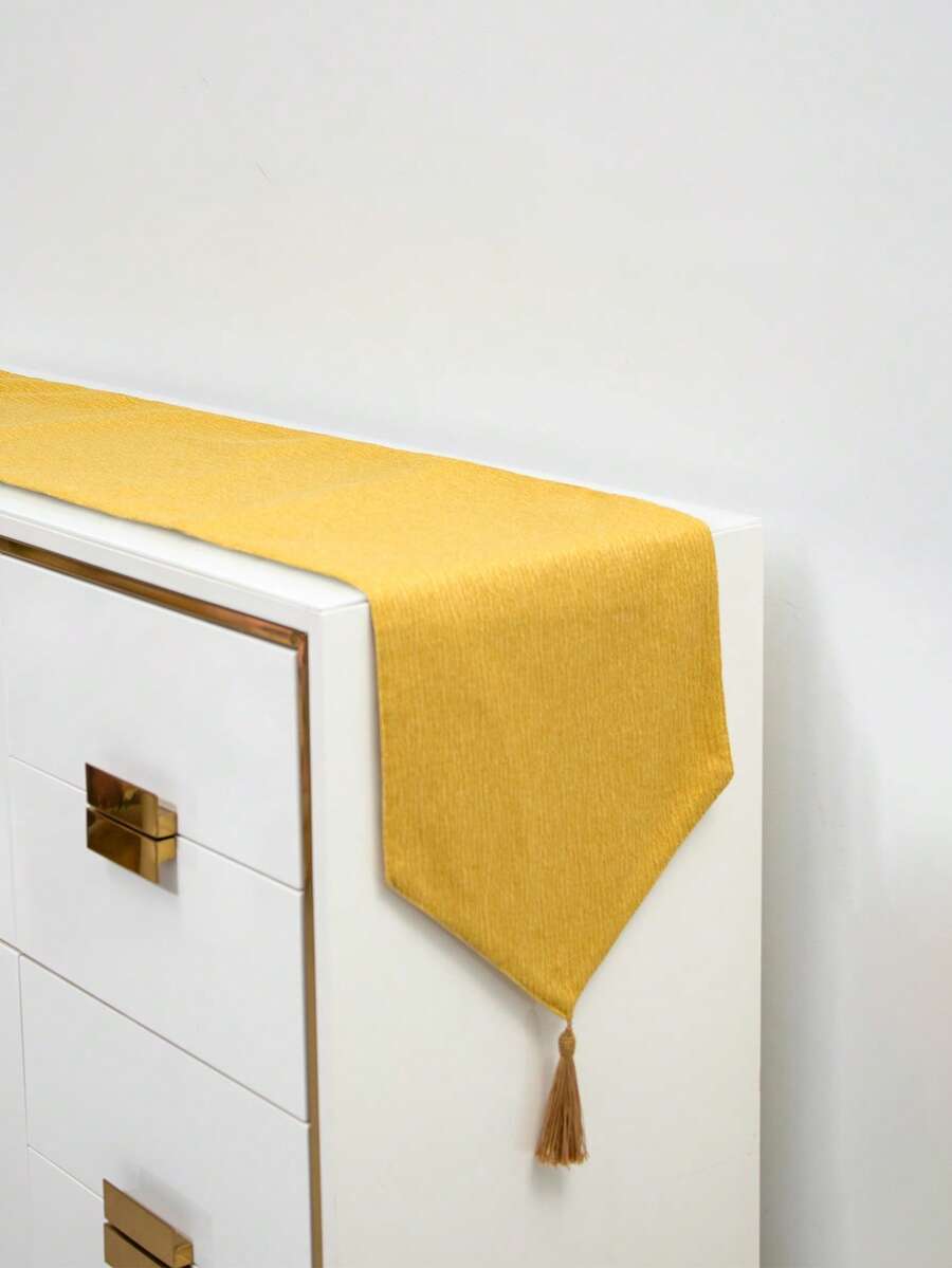 Minimalist Pure Gray Textured Table Runner With Tassel Trim, Modern Neutral Style Dining Table Decor Fabric, Suitable For All Seasons, For Dining Table, Coffee Table, Entryway Cabinet, Vanity And Entryway - Yellow - View 1
