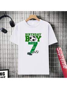 Boy's Number 7 Birthday Party T-Shirt, Featuring A "Birthday Boy" Print In Green Lettering, A Casual Short-Sleeved Sporty Style With Stadium Numbers And A Soccer Ball Design. - 白色 - 查看 4