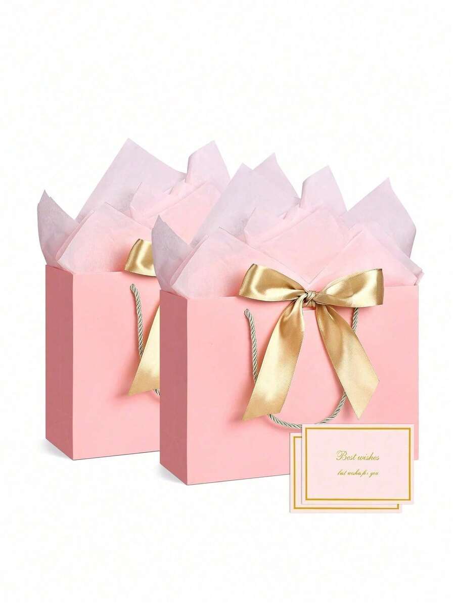 4pcs Gift Bag Set, Includes 1 Gift Bag, 1 Tissue Paper And 1 Card With Ribbon, Shopping Bag, Packaging Bag With Handle, Decorative Bow Handbag, Suitable For Girls Wedding Party Christmas Thanksgiving New Year Wedding Birthday High-End Paper Handbag, Valentine's Day Bridesmaid Girlfriend Party Gift, Valentine's Day And Other Occasions