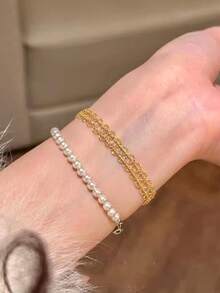 1 Stainless Steel Lace-Style Floral Bracelet – Fashionable, Elegant, Delicate, Adjustable, Unique Design, High-End - Gold - View 4
