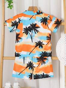 2pcs/Set, Little Boy, Soft & Comfortable, Casual & Cute, Coconut Palm Print Shirt And Sports Shorts, Boys Outfit, Boys Clothing, Boys Summer Clothing, Suitable For Daily Wear, Vacation, Party, Outdoor Activities - Multicolor - View 3