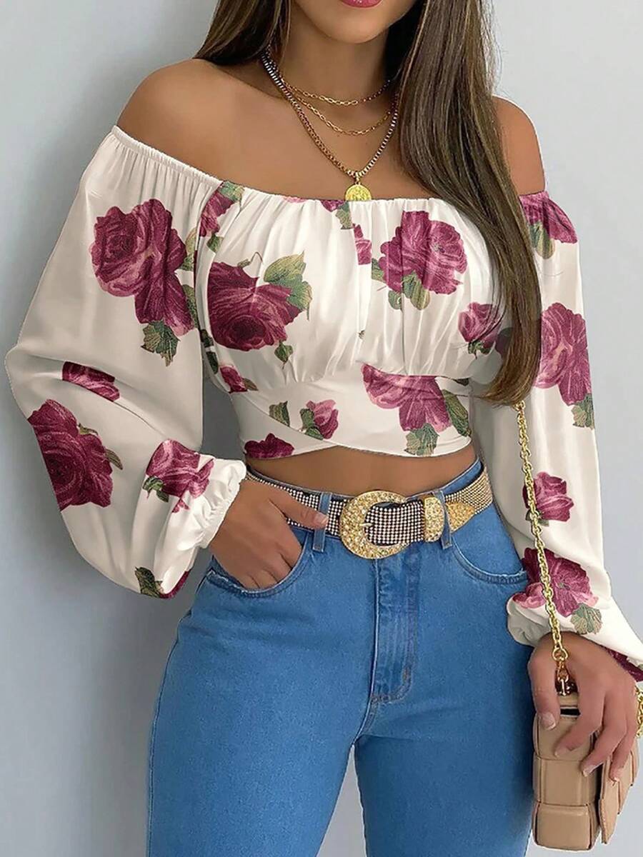 Elegant Women's Blouse With Bohemian Print, Short Loose Lantern Sleeves, Off-Shoulder, For Summer - Tryck Vit - Visa 1