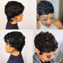 Short Loose Curly Wig Human Hair 6inch 180% Density Wigs For Women Short Pixie Cut Wig Full Machine Made Brazilian Remy Hair Wig For Daily Use 1B Color - Natural Black - View 9