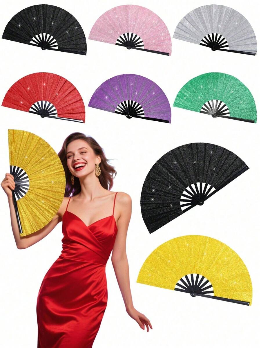 Großer faltbarer glänzender Handfächer, wasserdichtes Material, geeignet für Tai Chi, Familientreffen, Konzerte, Abschlussfeiern, Schulanfang, Tanzaufführungen, Dekorationen, Hochzeiten, Geburtstage, Valentinstag, Geburtstagsmotto-Aufführungen, Festivals - Mehrfarbig - Übersicht 1