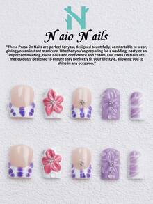 NAIO 10 Buah/Set Kuku Tempel Buatan Tangan, 3 Ukuran: Bentuk Peti Mati/Almond/Persegi Pendek, Gaya Manis Y2K, Kuku Gradien Ungu dengan Desain Cetak Bunga & Kulit Ular 3D, Aksen Rhinestone, Sempurna untuk Wanita & Anak Perempuan, Penggunaan Sehari-hari & Pesta, Hadiah Luar Biasa untuk Para Wanita - MultiWarna - View 2