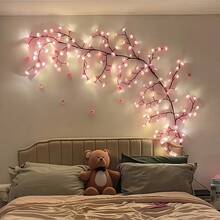Cherry Blossom Wreath With Lights, USB Powered, With Remote Control, 72 LED Fairy Lights, Perfect For Fireplace, Wedding And Party Indoor Decoration - Pink Flower Vine Lights - View 6