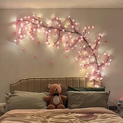 48pcs Cherry Blossom Branch Lights, 120cm/47.24inch, Bendable Cherry Blossom LED Branch Lights, 8 Flashing Modes, USB Powered, Remote Control, DIY Handmade, Indoor Atmosphere Decoration Lights, For Vase Inserts, Bedroom, Living Room, Wall, Party, Holiday, Valentine's Day, Wedding, Christmas Holiday Decoration Lights