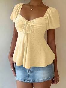 Women's T-Shirt, Modern And Elegant, New For Spring/Summer, Y2K Style, Solid Color, Jacquard, Comfortable And Breathable, With V-Neck, Adjustable Drawstring And Short Sleeves - 黃色 - 查看 4