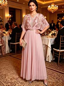 Charming Blush Pink V-Neck Maxi Dress, Half Sleeve Sequin Decorated Bodice, Flowy Pleated Skirt, Suitable For Formal Occasions - Pink - View 4