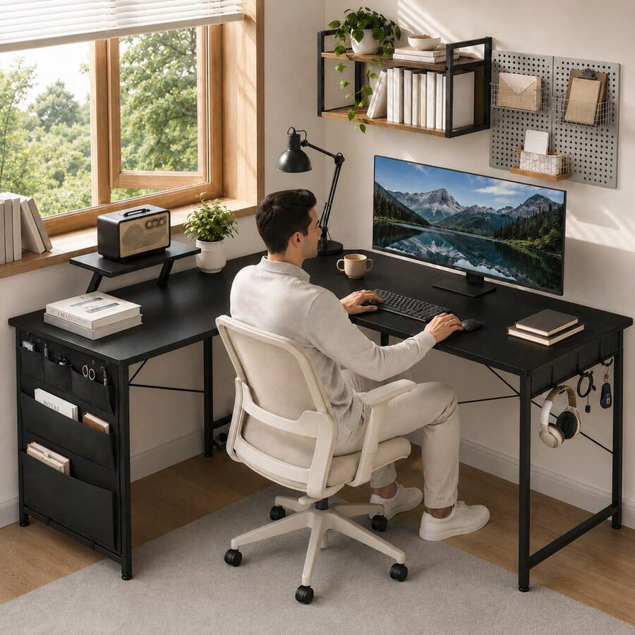 Escritorio Gamer en L de 55 Pulgadas, Escritorio para Computadora Negro de Esquina con Soporte para Monitor, Bolsa Lateral, Gancho para Audífonos y Bandeja Ajustable para Cables - en forma de L - Ver 1