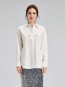 Rich Radi Q's Women's White Long Sleeve Shirt Collar Top, Elegant Embroidery Details, Autumn Fashion & Daily Wear Essential - White - View 11