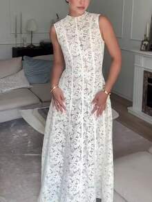 Dirp Noir Women's Summer Elegant Vintage Tea Party Palace Style White Lace Sleeveless High Neck Waist-Cinching Elegant Dress, Suitable For Elegant Party Dress, Graduation Ceremony Dress, Birthday Dress, Luxury Party Dress, Holiday Outfit, Independence Day Outfit, Wedding Guest Dress - White - View 5
