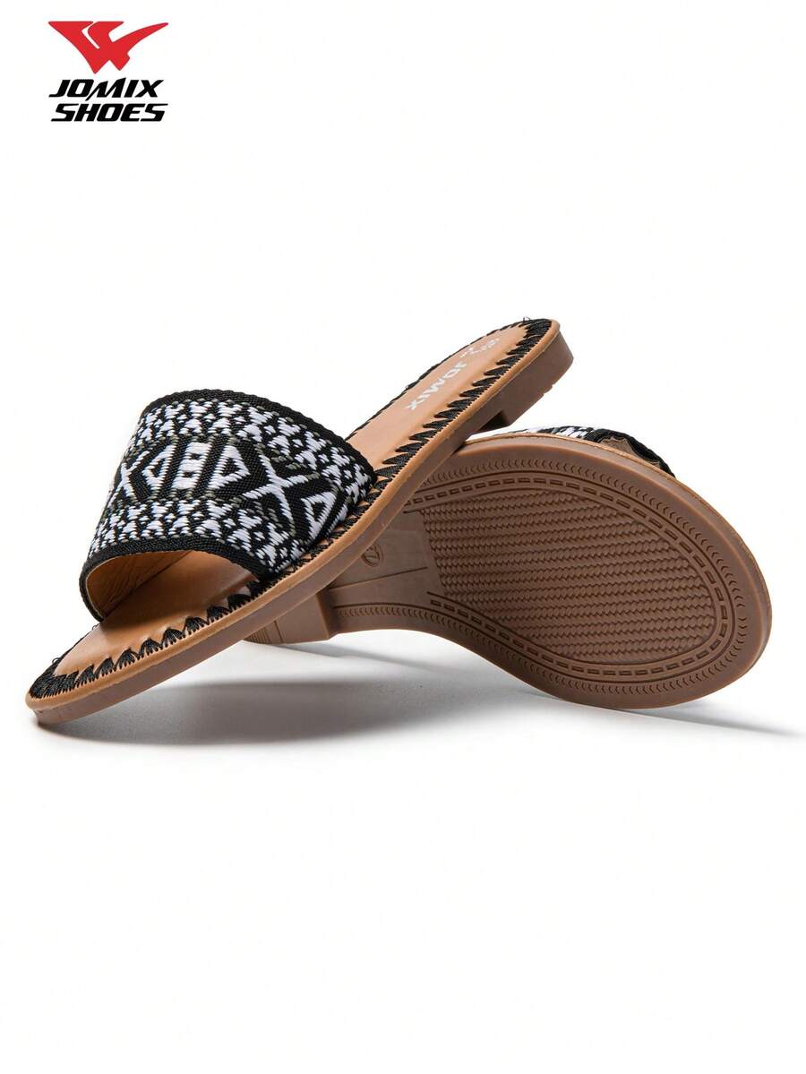 JOMIX Women's Flat Sandals With Woven Pattern, Boho Casual Slippers With Embroidered Trim - Black - View 1
