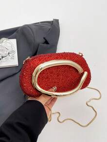 Women's Rhinestone Rounded Rectangular Evening Clutch Bag, Curved Oval Front Handle Handbag, Fashionable Crossbody Bag, Suitable For Wedding, Ball, Valentine's Day Party - Red - View 5