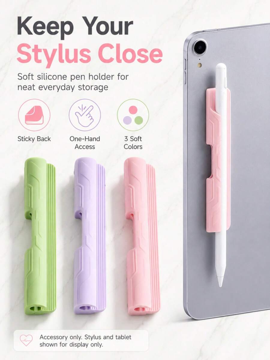 1pc Silicone Stylus Pen Holder, Adhesive-Backed No-Drill Stylus Pen Fixer, Tablet Touch Pen Anti-Loss Pen Stand, Suitable For Tablet/Phone Case/Laptop/Office Study Accessories, Multiple Colors Available - Multicolor - View 1