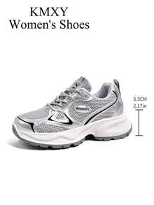 KMXY Women's All-Season New Sports Thick-Soled Sneakers, Mesh Breathable Thick-Soled Low-Top Wedge Casual Shoes, Lightweight Versatile Fashion Lace-Up White Sports Shoes - Silver - View 6