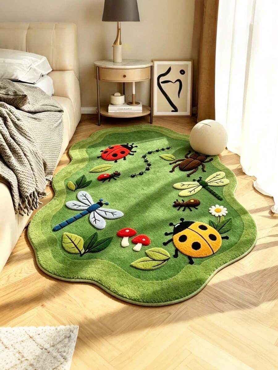 1pc Green Natural Insect Grassland Fresh Style Decorative Rug, Cozy Soft Decorative Mat, Perfect For Daily Home And Holiday Decor, Decorative Rug, Bedroom Decor, Small Rug, Rug, Home Decor, Living Room Rug, Living Room Small Rug, Bedroom Rug, Living Room Home Decor, Outdoor Rug, Washable Rug - Multicolor - View 1