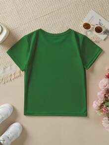 Girls' Short-Sleeved T-Shirt, Summer Style, With "Cherry Bomb" Print, Bow And Cartoon Cherry Design, Casual And Versatile Top NY-DX9386 - 墨綠色 - 查看 2