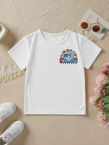 Fashionable Short-Sleeved T-Shirt For Boys 'American Independence Day' 'ALL AMERICA BOY' With Plaid Elements And Double-Sided Cartoon Print, Casual Outdoor Top - 白色 - 查看 2