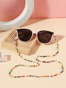 1 Set 1 pieza Gafas de moda cuadradas casuales para niños de 5-9 años, marco de PC rosa & blanco con lentes grises, con 1 pieza de cadena de gafas con cuentas, adecuadas para uso diario al aire libre, incluye estuche de gafas - Multicolor - Ver 6