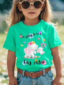 Girls' Short-Sleeved T-Shirt, Summer Style, With "I'm Going To Be A Big Sister" Print And Two Cute Cartoon Elephants, Casual And Versatile Top NY-DX9297 - 紅色 - 查看 11