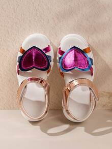 1 Pair Girls' Open Toe Roman Sandals, Front Decorated With Contrast Color Patchwork Double Layer Heart, Suitable For Outdoor Activities, Beach And Seaside Play - Red Violet - View 2