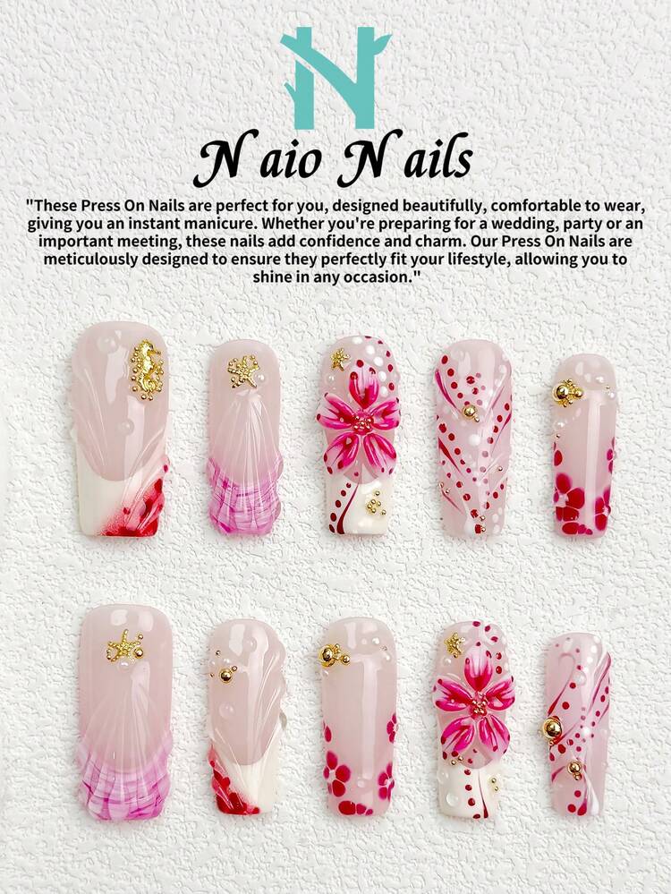 NAIO 10片/組手工穿戴式假指甲，3種尺寸：棺材型/杏仁型/短方型，Y2K浪漫風，粉色水墨暈染美甲，附3D花朵與貝殼設計，金色金屬箔裝飾，適合女性與女孩，日常使用與派對，送給女士的絕佳禮物 - 彩色 - 查看 4