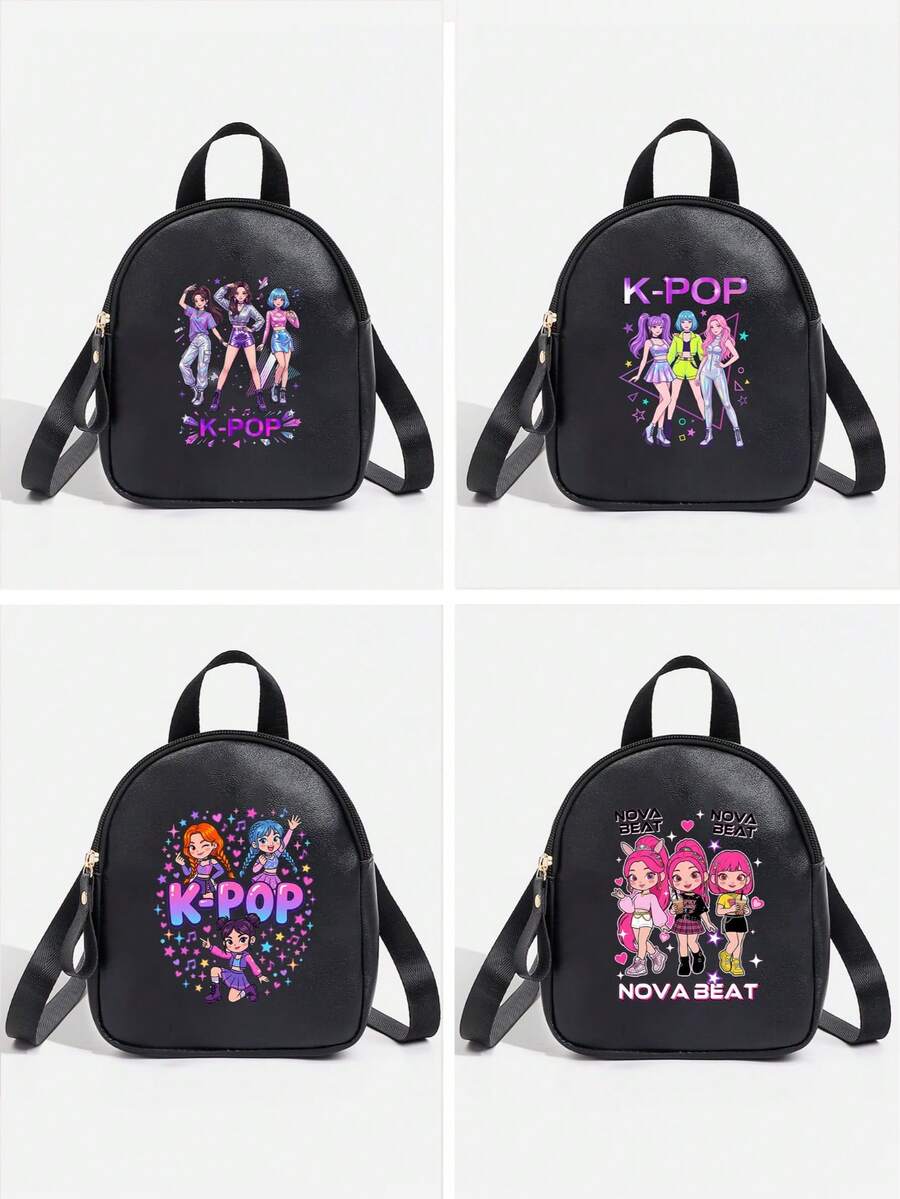 1pc Girls Cute Classic Backpack K-Pop Witch Girl Group Print Backpack, Rainbow Backpack, Shoulder Bag, Heart-Shaped Wallet, Adjustable Shoulder Strap Design, Valentine's Day Gift, Suitable For Daily, Outdoor, School, Travel, Hiking, Portable Use, Lightweight Casual, Ideal Gift Choice - Black - View 1