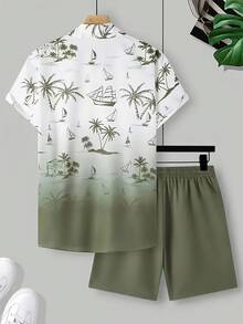 Conjunto de camisa con cuello y estampado de palmeras 3D para hombre, manga corta, pantalones cortos con bolsillo y cordón, suelto y cómodo, ideal para primavera/verano. - Burdeos - Ver 2