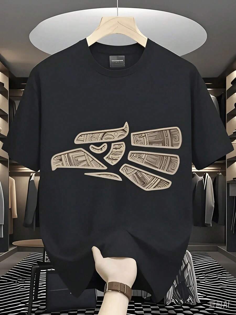 Men's Casual T-Shirt, Retro Geometric Print With Letters, Simple And Modern Design, Round Neck, Short Sleeves, Soft And Comfortable Fabric, Casual Wear For Outdoor Activities, Sports And Fitness - 黑色 - 查看 1