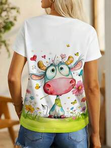 Una camiseta de manga corta para mujer con cuello redondo y estampado, ropa de verano para mujer, estampado digital, estampado integral, con divertidos diseños de vaca de dibujos animados y - Blanco - Ver 5