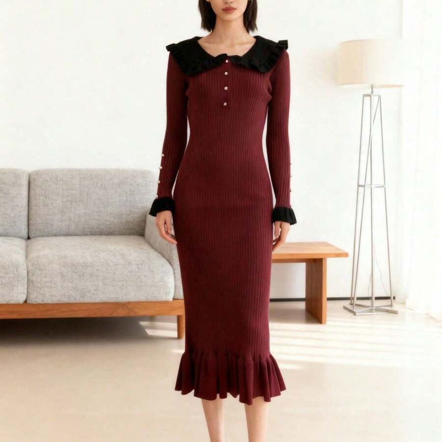 Long Knitted Dress Autumn Winter New Design Retro Style Elegant Feminine With Ruffles Fashion For Women - 酒紅色 - 查看 1