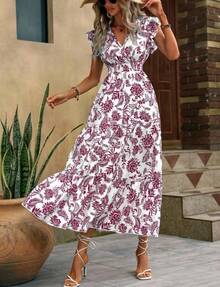 Maxivestido estampado de estilo bohemio para mujer – Diseño elegante con cuello en V y ajuste en la cintura - Marrón - Ver 5