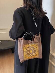 腰果花刺繡抽繩托特包，輕量防水尼龍，3合1手提/肩背/斜背通勤大包，女款手提包附可拆式肩帶，佩斯利花紋 - 彩色 - 查看 6