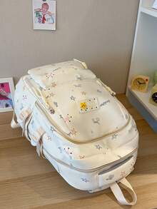 Star & Musical Note Print Backpack, Cream White Girly Style School Bag, Large Capacity Student Commuter Backpack - White - View 6