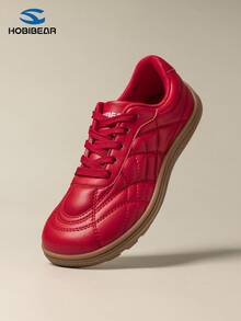 HOBIBEAR Damen Schnür-Stepp Kunstleder Lässig Sportschuhe, minimalistische beige Vintage deutsche Trainer Sneaker, bequeme Gummisohle Alltag Pendeln Skateschuhe - Rot - Übersicht 2