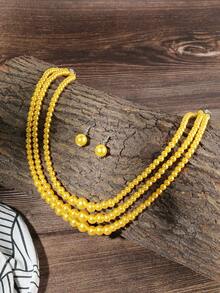 一套手工制作的夸张多层仿珍珠串珠项链，波西米亚风格海滩度假派对中东晚宴南亚时尚优雅女士珠宝项链和耳环 - 黃色 - 查看 11