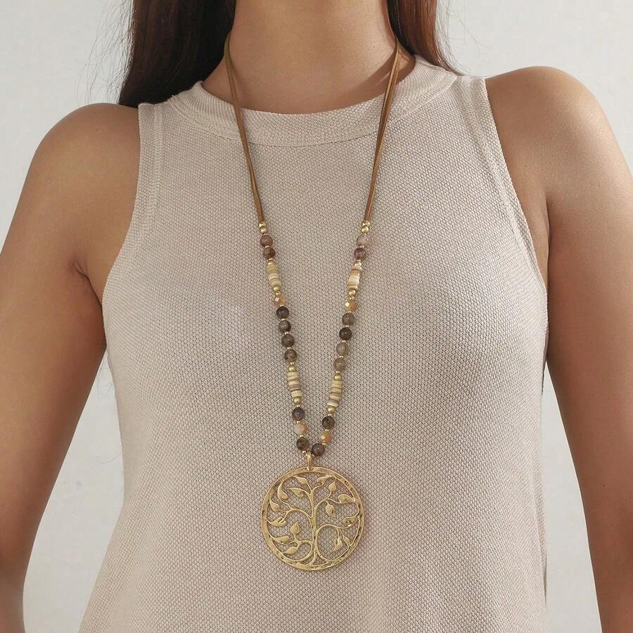 1 Piece Metal Beaded Necklace With Tree Of Life Design, Suitable For Women's Daily Wear - 全穀類咖啡 - 查看 1