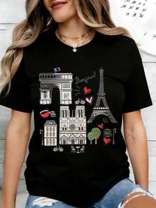 Women's T-Shirt With Heart Design, Pink Bow And Pearls, Fashionable Casual Top For Valentine's Day And Romantic Occasions - 黑色 - 查看 1