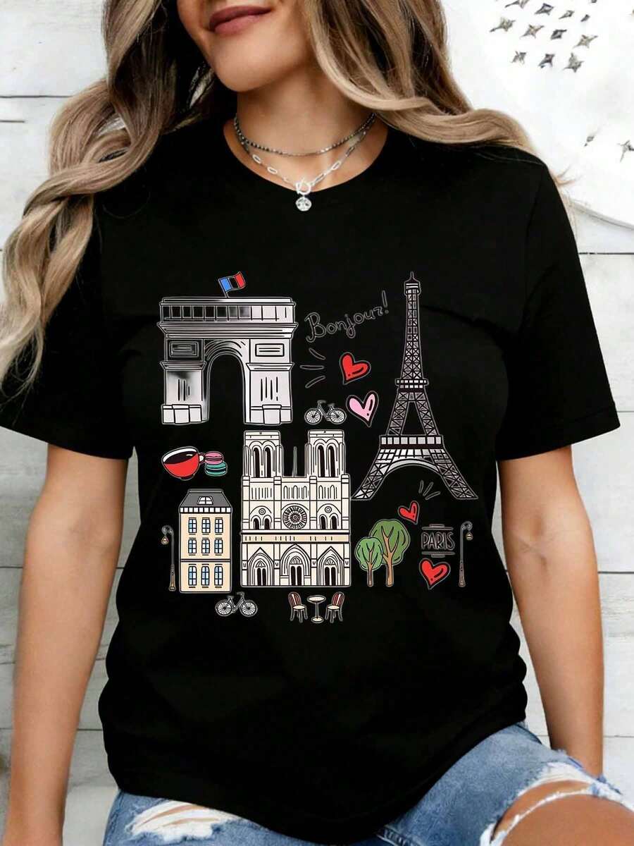 Women's T-Shirt With Heart Design, Pink Bow And Pearls, Fashionable Casual Top For Valentine's Day And Romantic Occasions - 黑色 - 查看 1