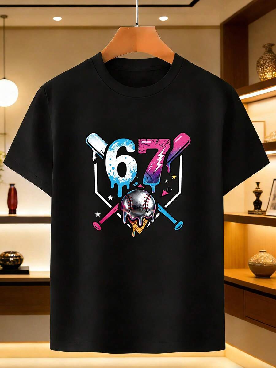 Boys' T-Shirt With A Simple "Baseball No. 67 Graffiti" Print Design, Inspired By American Baseball Culture And Retro Sportswear Style. It's A Comfortable And Casual Garment. - 黑色 - 查看 1