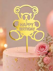 3PCS Gold Mirror Teddy Bear Happy Birthday PMMA Cake Topper, Acrylic Bear Birthday Cake Decoration For Kids Party, Baby Birthday, Dessert Table And Baking Supplies - A - View 2