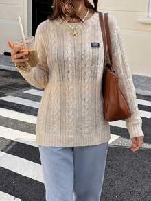 Jennie Growth 女款杏色透明針織毛衣，圓領長袖寬鬆鏤空透視套頭衫，休閒罩衫，適合春夏街頭穿搭、早午餐、咖啡約會、海灘度假、泳裝罩衫、週末度假、上班通勤、演唱會、假日、購物逛街、晚餐約會、居家休閒 - 杏色 - 查看 2